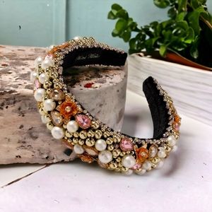 Full Crystal and Rhinestone Gold and Off White Pearl Headband